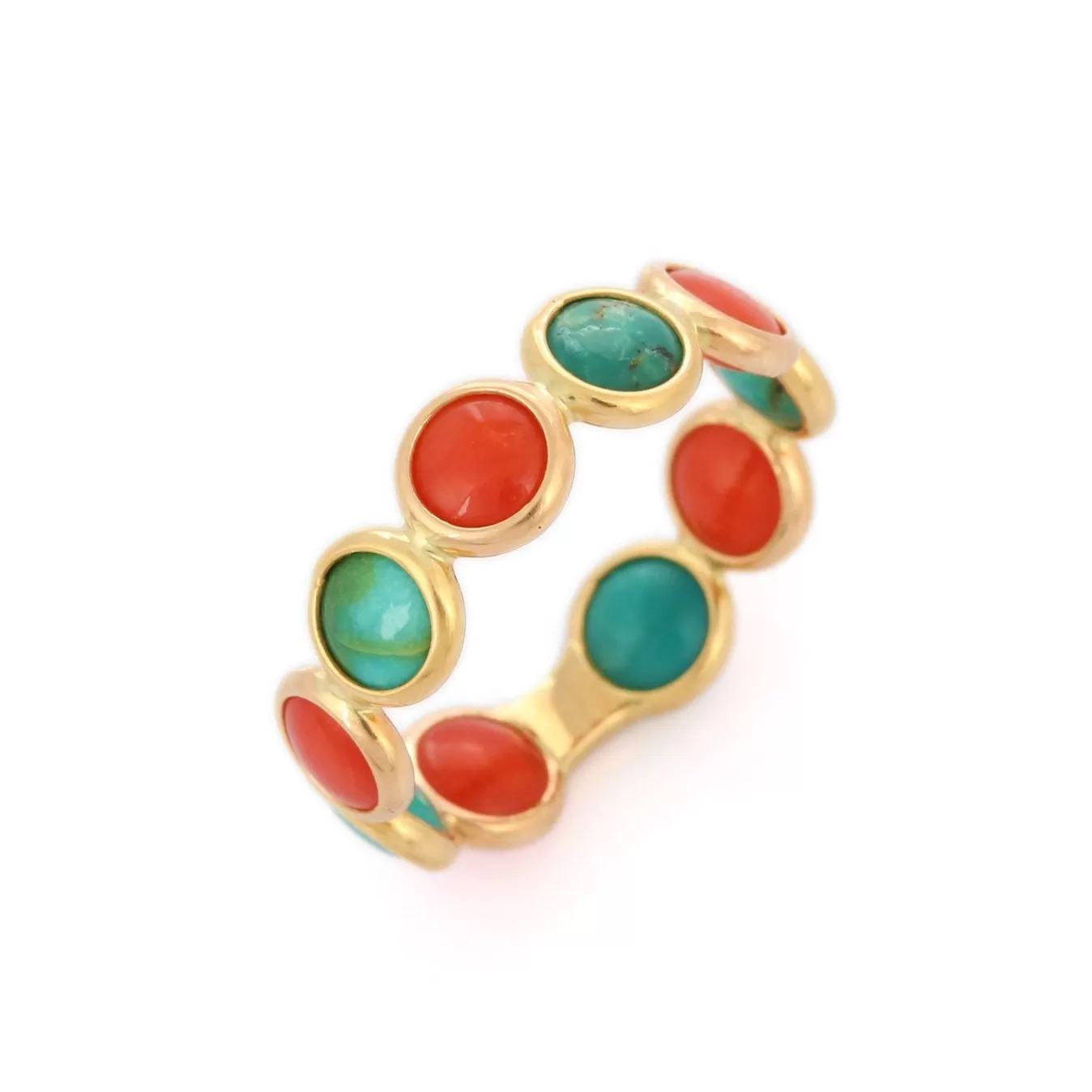 18K Yellow Gold Coral Turquoise Eternity Band