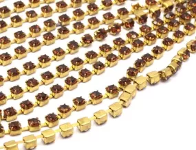 2 Feet Vintage 3 Mm Smoked Topaz Crystal Rhinestone Chain With Brass Frame - Made In Austria AU20   Z138