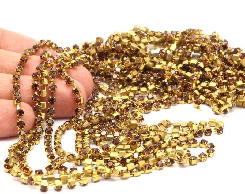 2 Feet Vintage 3 Mm Smoked Topaz Crystal Rhinestone Chain With Brass Frame - Made In Austria AU20   Z138