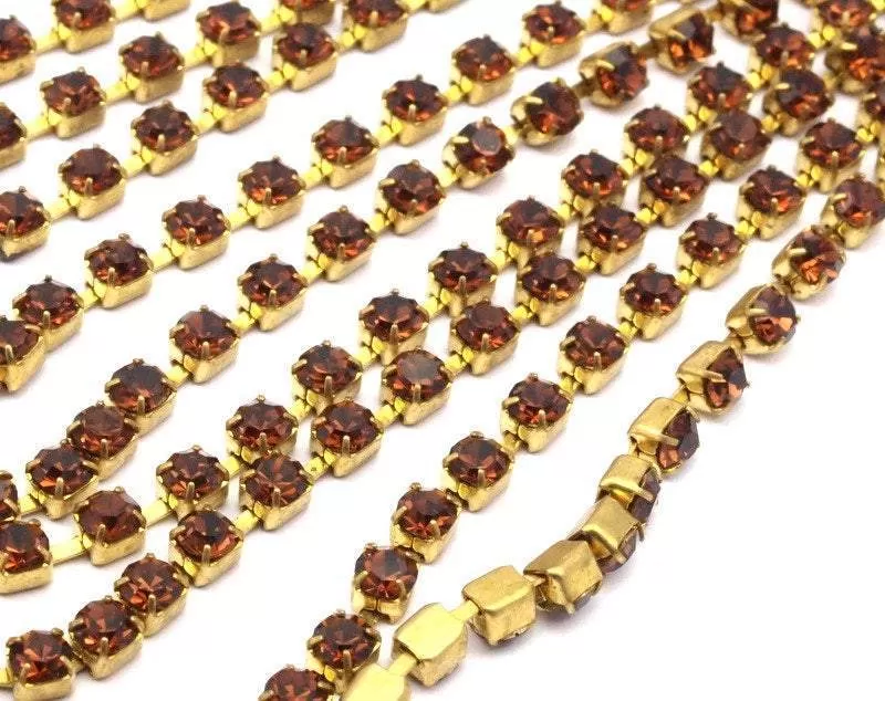 2 Feet Vintage 3 Mm Smoked Topaz Crystal Rhinestone Chain With Brass Frame - Made In Austria AU20   Z138