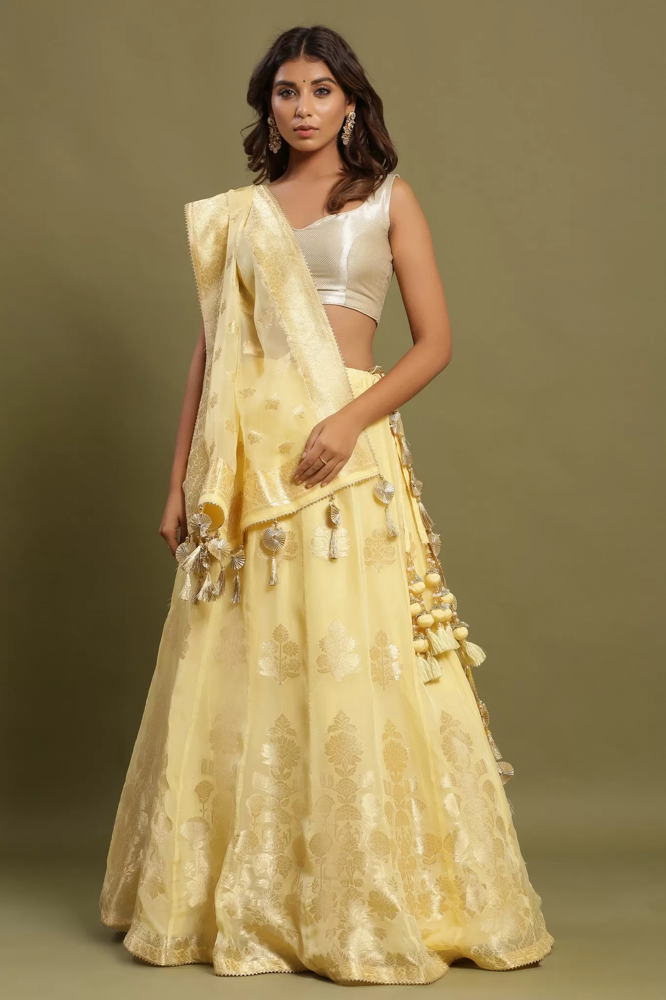 30Z227-NRO Yellow Silk Lehenga Set With Tassels