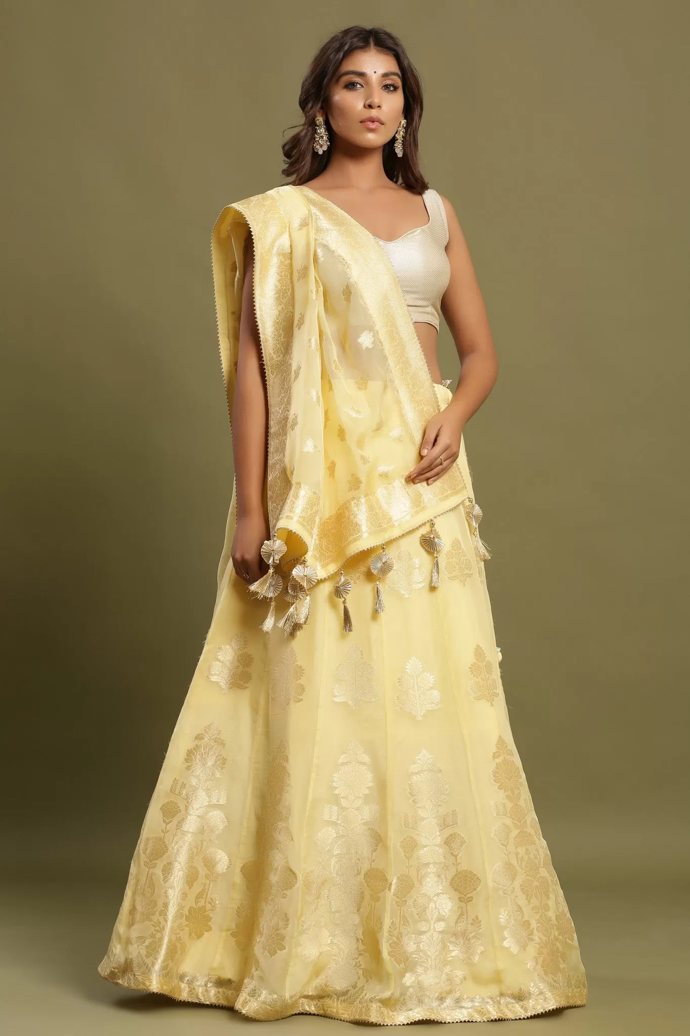 30Z227-NRO Yellow Silk Lehenga Set With Tassels