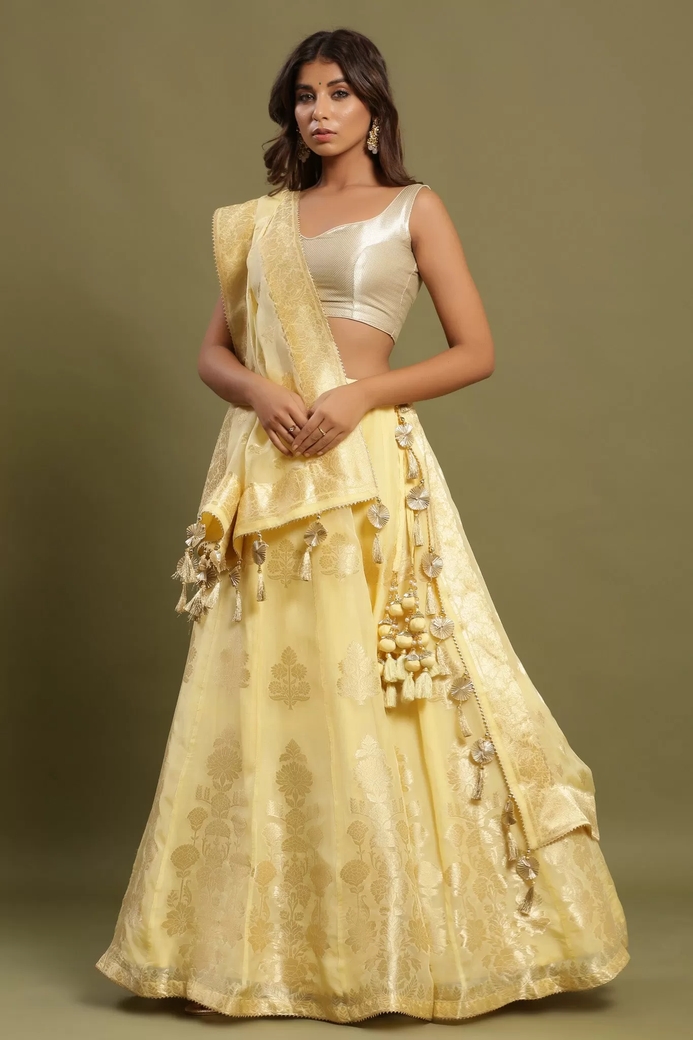 30Z227-NRO Yellow Silk Lehenga Set With Tassels