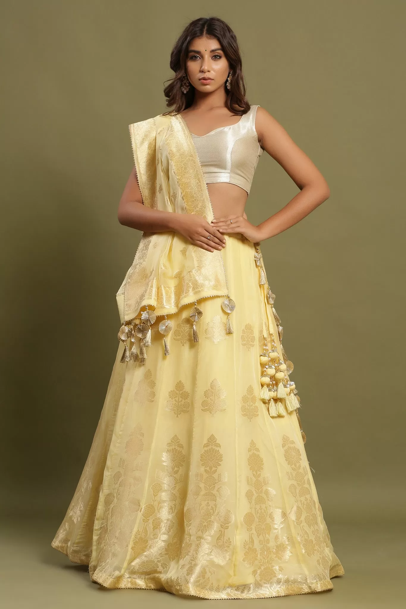 30Z227-NRO Yellow Silk Lehenga Set With Tassels