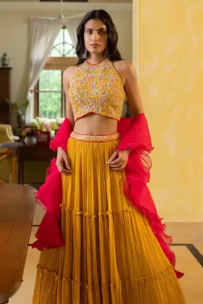 30Z280-RO  Yellow Lehenga Set With Ruffled Dupatta