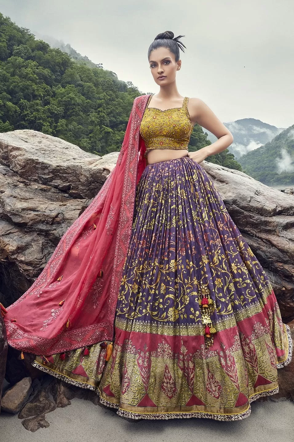 310016-RO Purple- Yellow Lehenga Choli with Dupatta