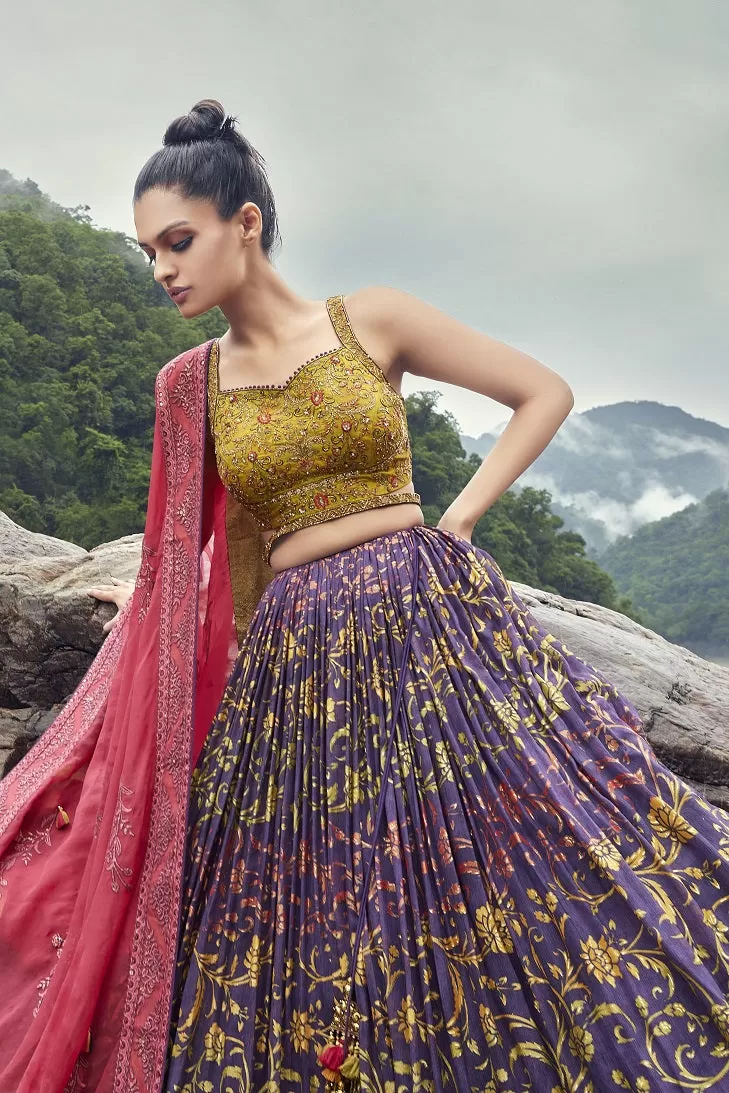 310016-RO Purple- Yellow Lehenga Choli with Dupatta