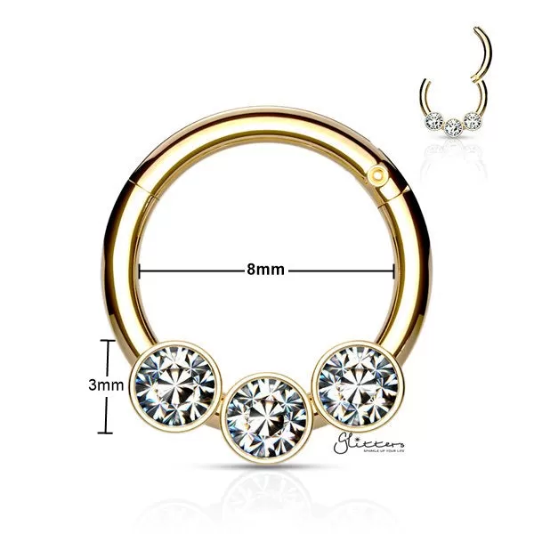 316L Surgical Steel Hinged Segment Hoop Ring with 3 Crystals - Gold