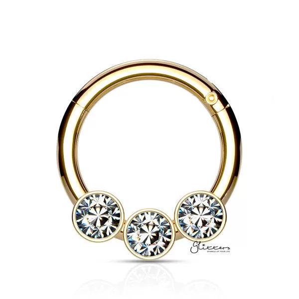 316L Surgical Steel Hinged Segment Hoop Ring with 3 Crystals - Gold