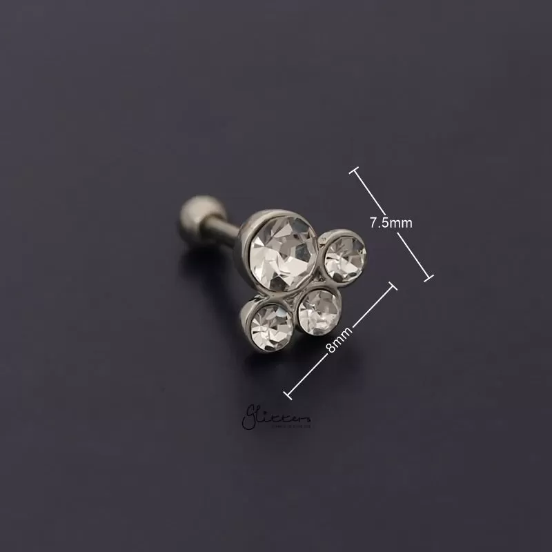 4 Round Gem Set Top Tragus Cartilage Barbell Stud - Silver