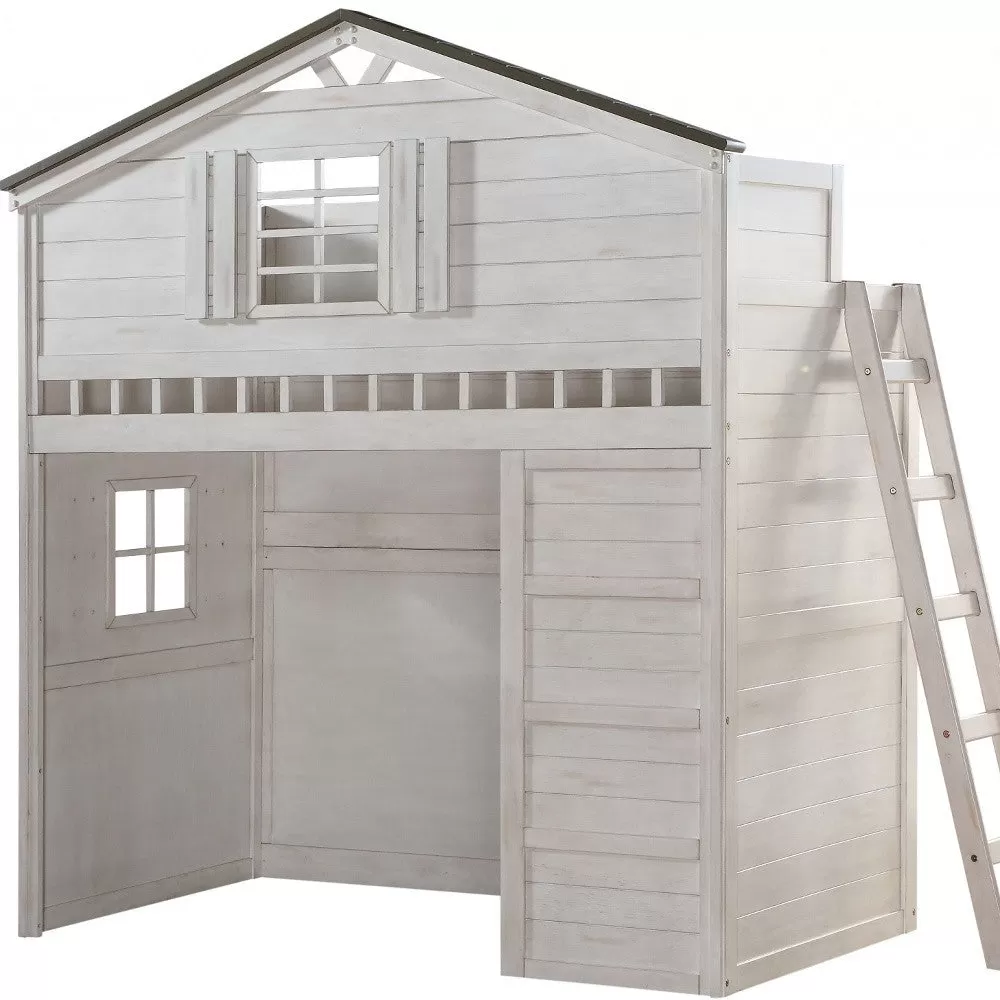 43 X 80 X 88 Weathered White Washed Gray Wood Loft Bed (Twin Size)