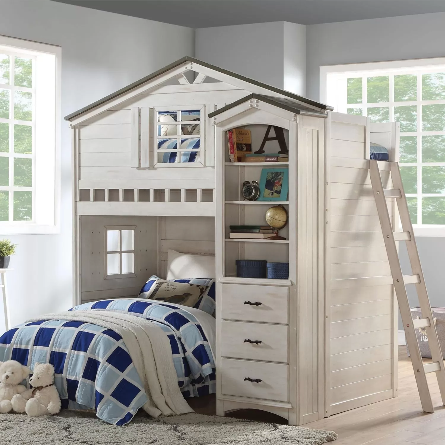 43 X 80 X 88 Weathered White Washed Gray Wood Loft Bed (Twin Size)