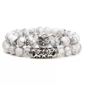 8mm 2 Piece White Howlite Turquoise Owl Bead Bracelet