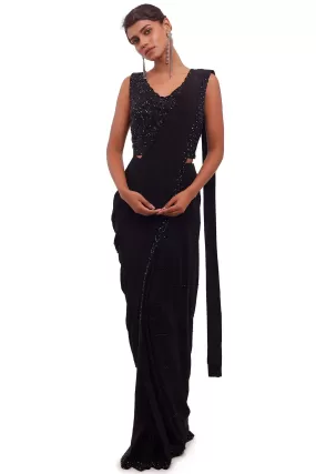 90Y007-RO Black Crepe Draped Saree with Sequin Blouse