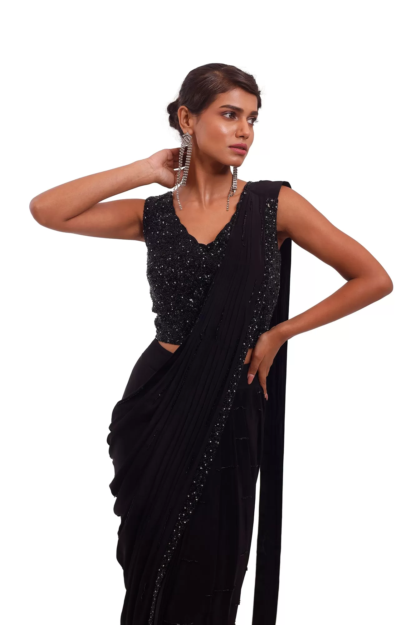 90Y007-RO Black Crepe Draped Saree with Sequin Blouse