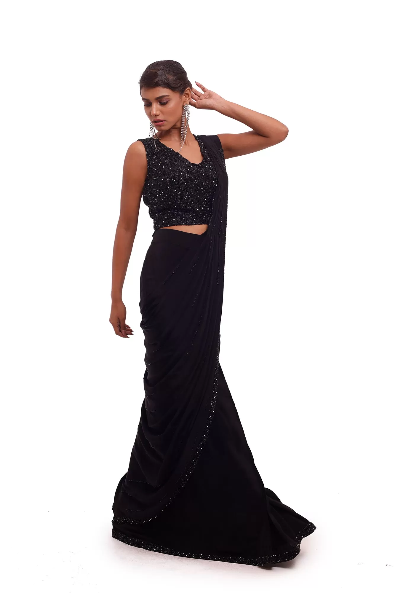 90Y007-RO Black Crepe Draped Saree with Sequin Blouse