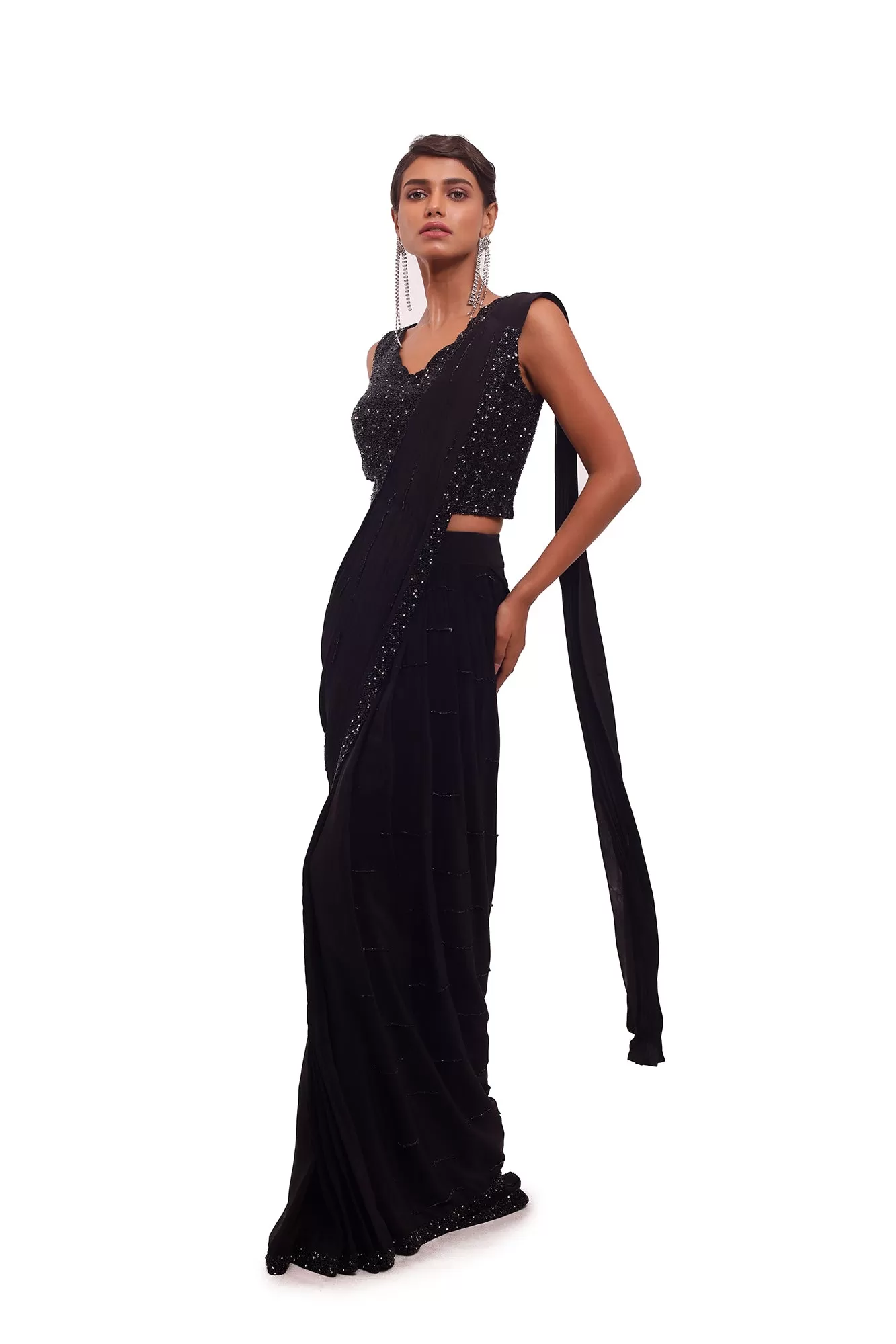 90Y007-RO Black Crepe Draped Saree with Sequin Blouse