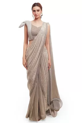 90Y011-RO Grey Crushed Fabric Draped Saree with Structured Blouse