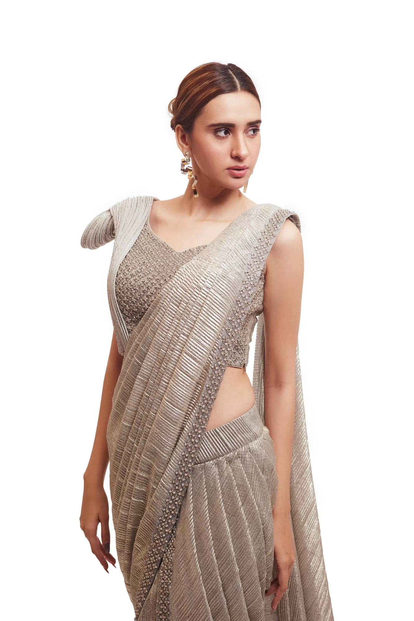 90Y011-RO Grey Crushed Fabric Draped Saree with Structured Blouse