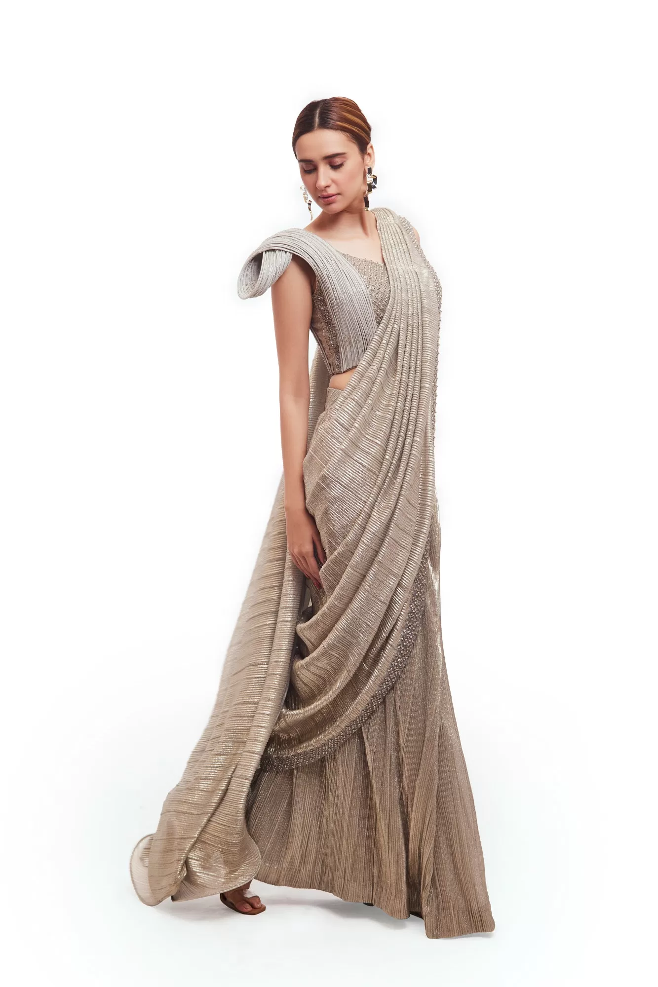 90Y011-RO Grey Crushed Fabric Draped Saree with Structured Blouse