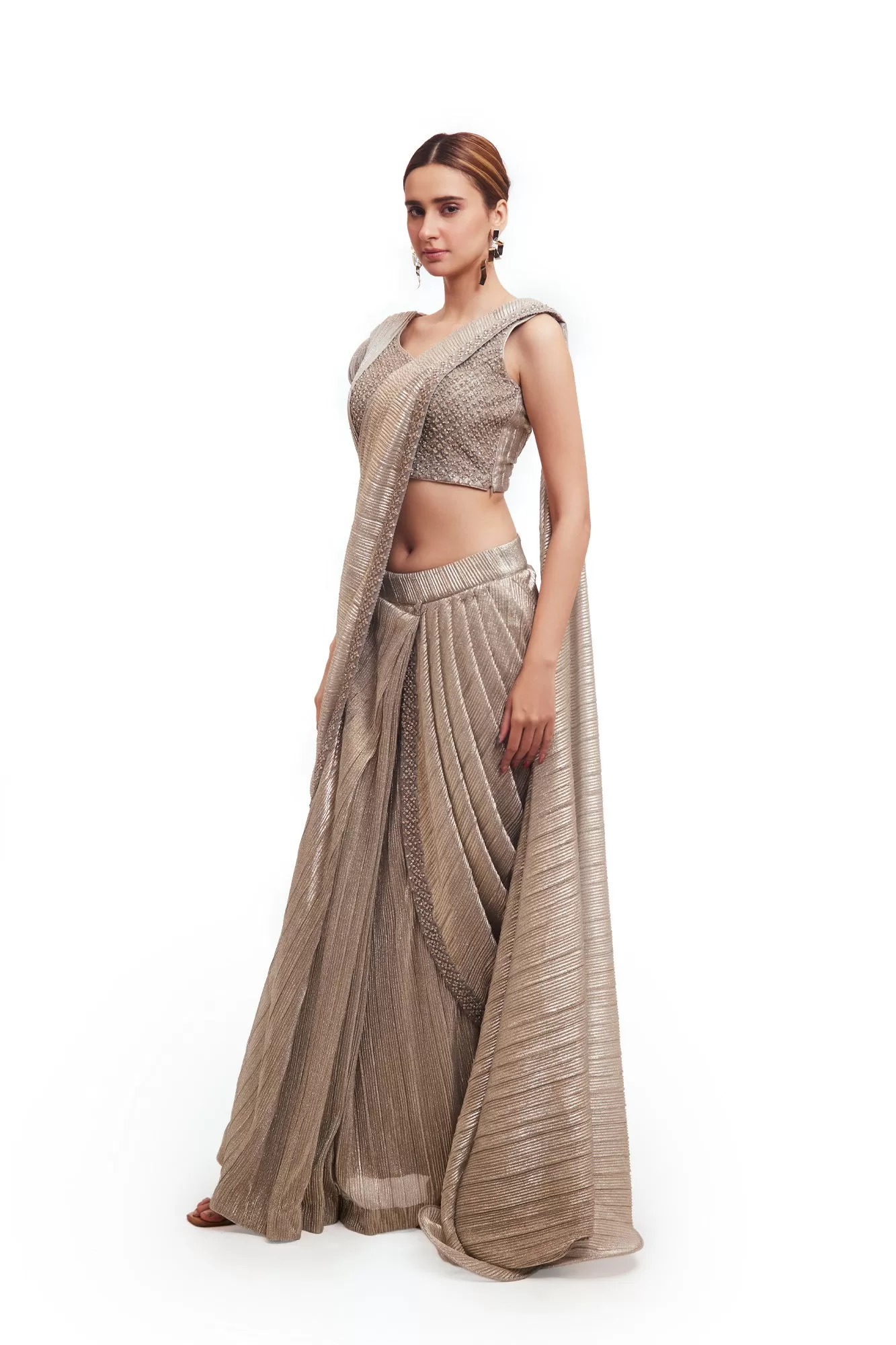 90Y011-RO Grey Crushed Fabric Draped Saree with Structured Blouse