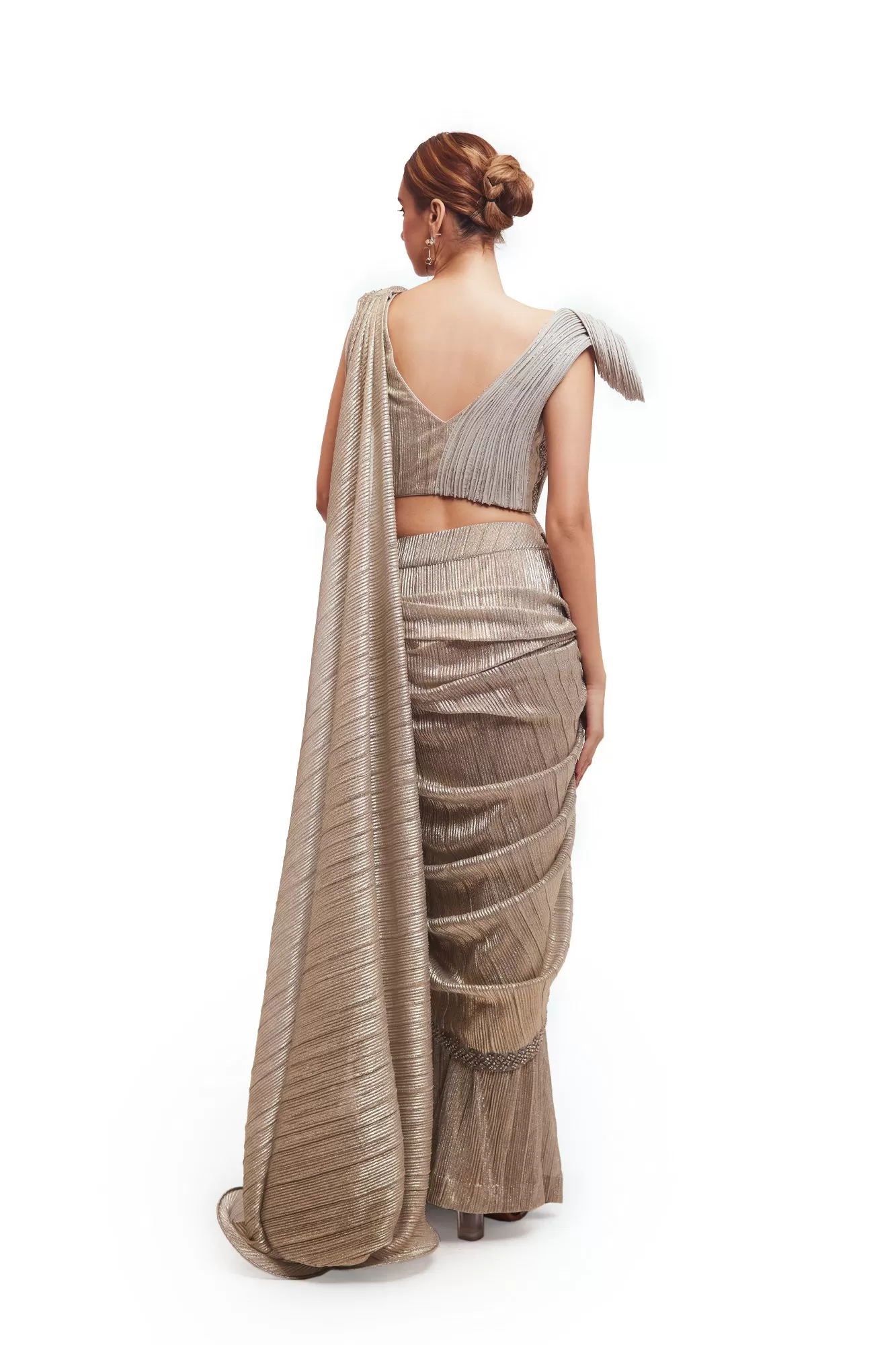 90Y011-RO Grey Crushed Fabric Draped Saree with Structured Blouse