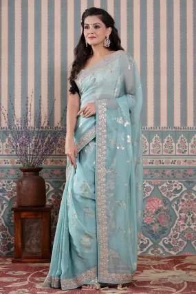 90Z573-NRO Light Blue Embroidered Organza Silk Saree