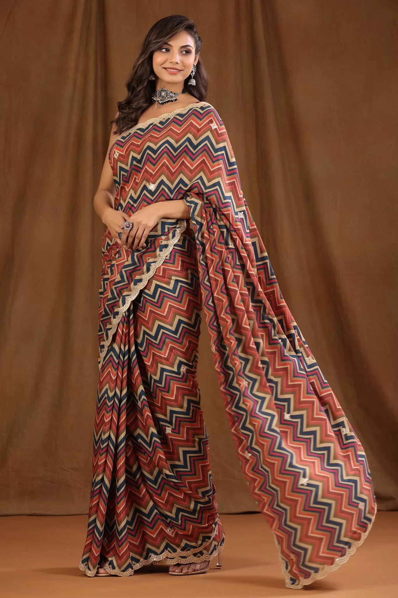 90Z703-NRO Multicolor Chevron Pattern Crepe Georgette Saree