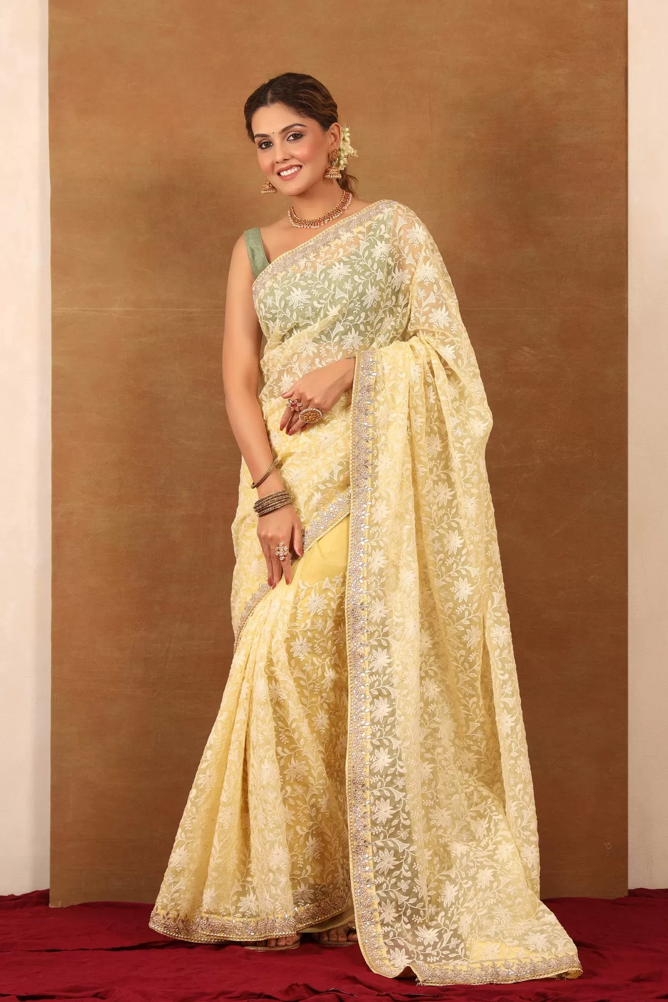 90Z722-NRO Light Yellow Embroidered Organza Silk Saree with Blouse