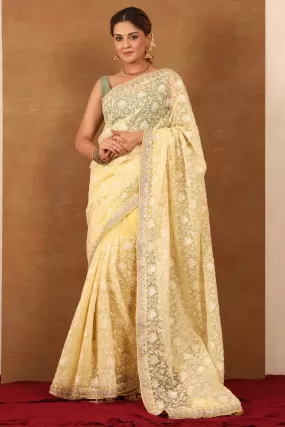 90Z722-NRO Light Yellow Embroidered Organza Silk Saree with Blouse