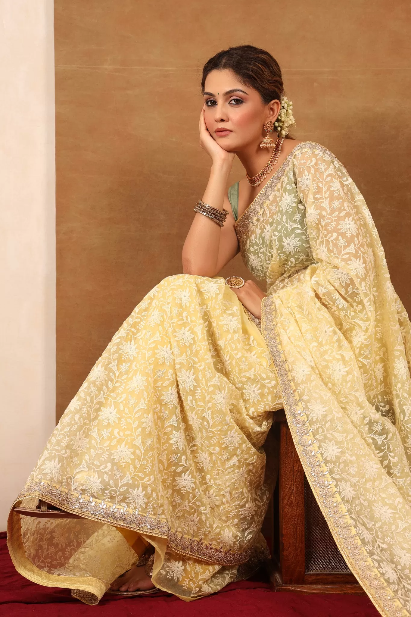 90Z722-NRO Light Yellow Embroidered Organza Silk Saree with Blouse