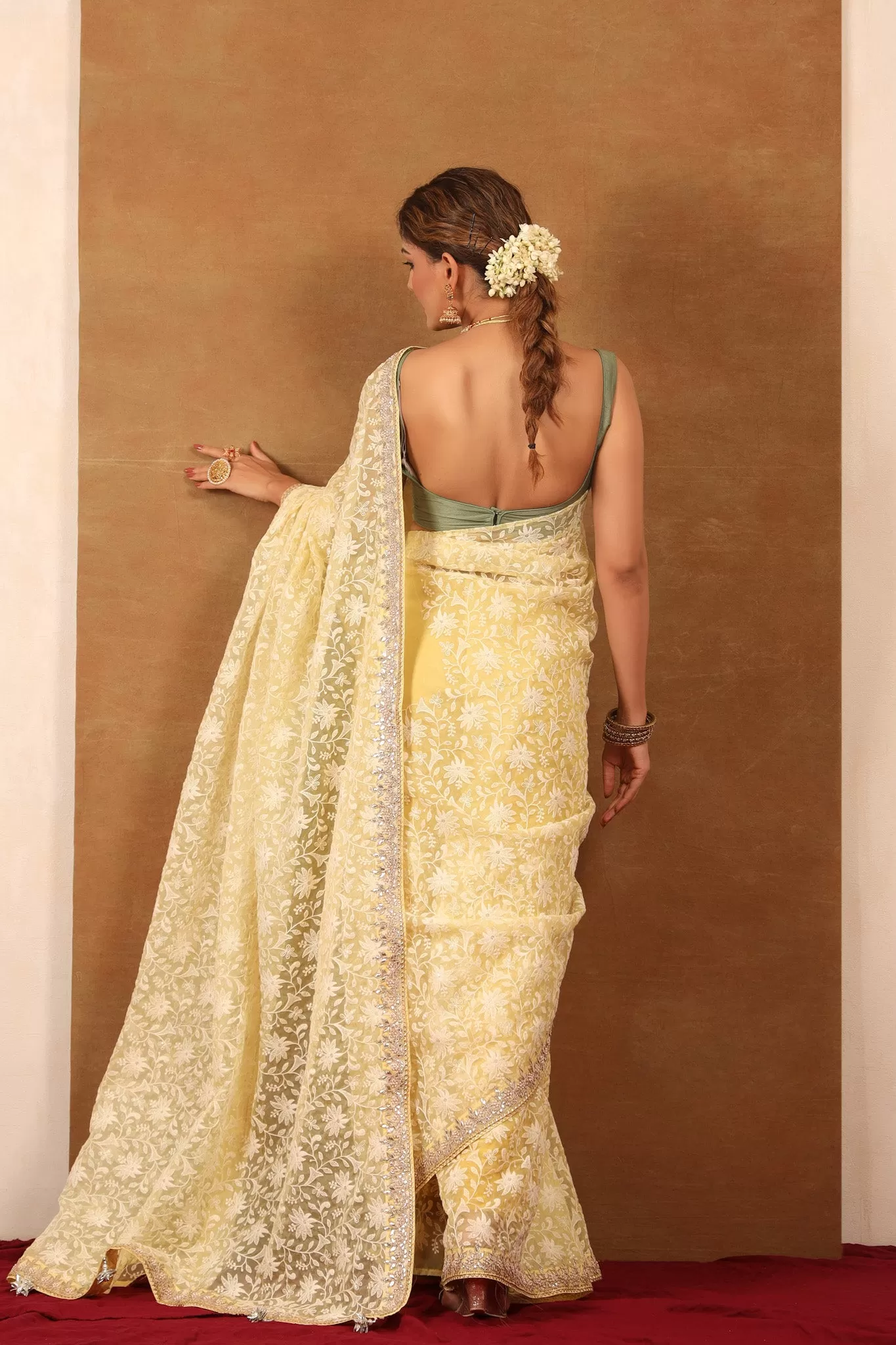 90Z722-NRO Light Yellow Embroidered Organza Silk Saree with Blouse