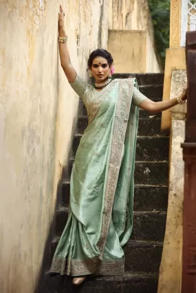 90Z756-RO Mint Green Tussar Georgette Sari with Embroidered Border