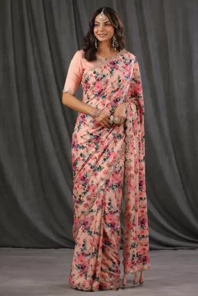 90Z777-RO Light Pink Floral Crepe Saree with Scalloped Border