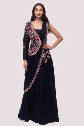 90Z874-RO Navy Blue Georgette Pre Stiched Saree Set With Faux Half Jacket