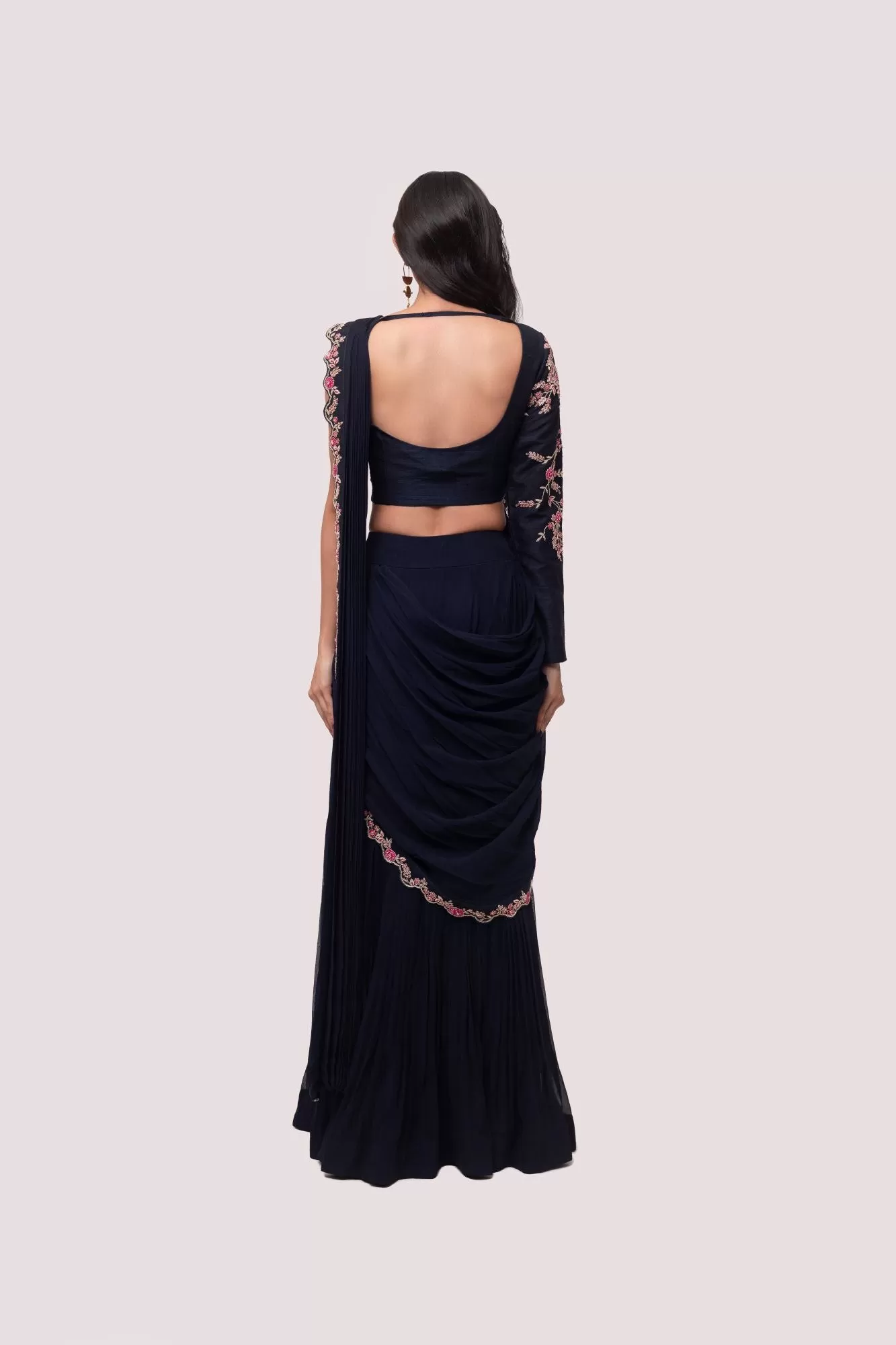 90Z874-RO Navy Blue Georgette Pre Stiched Saree Set With Faux Half Jacket