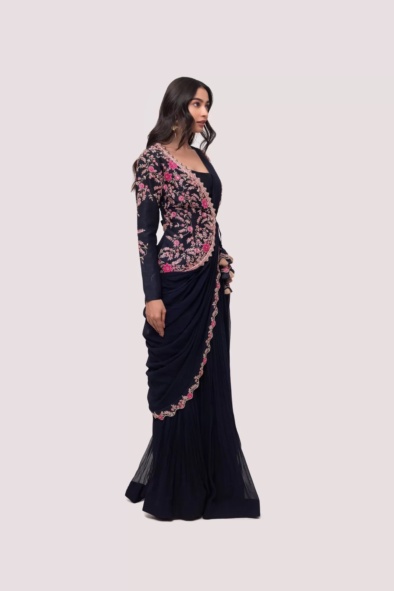 90Z874-RO Navy Blue Georgette Pre Stiched Saree Set With Faux Half Jacket