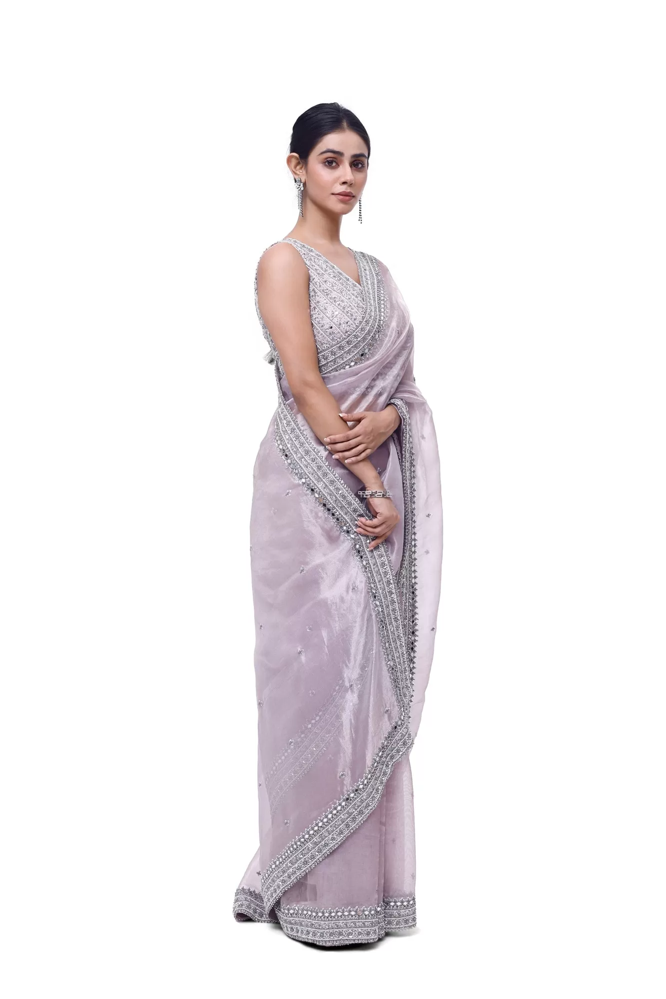 90Z985-RO Lilac Embroidered Tissue Saree with Blouse