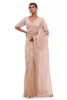 90Z988-RO Golden Crinked Tissue Saree with Embroidered Blouse