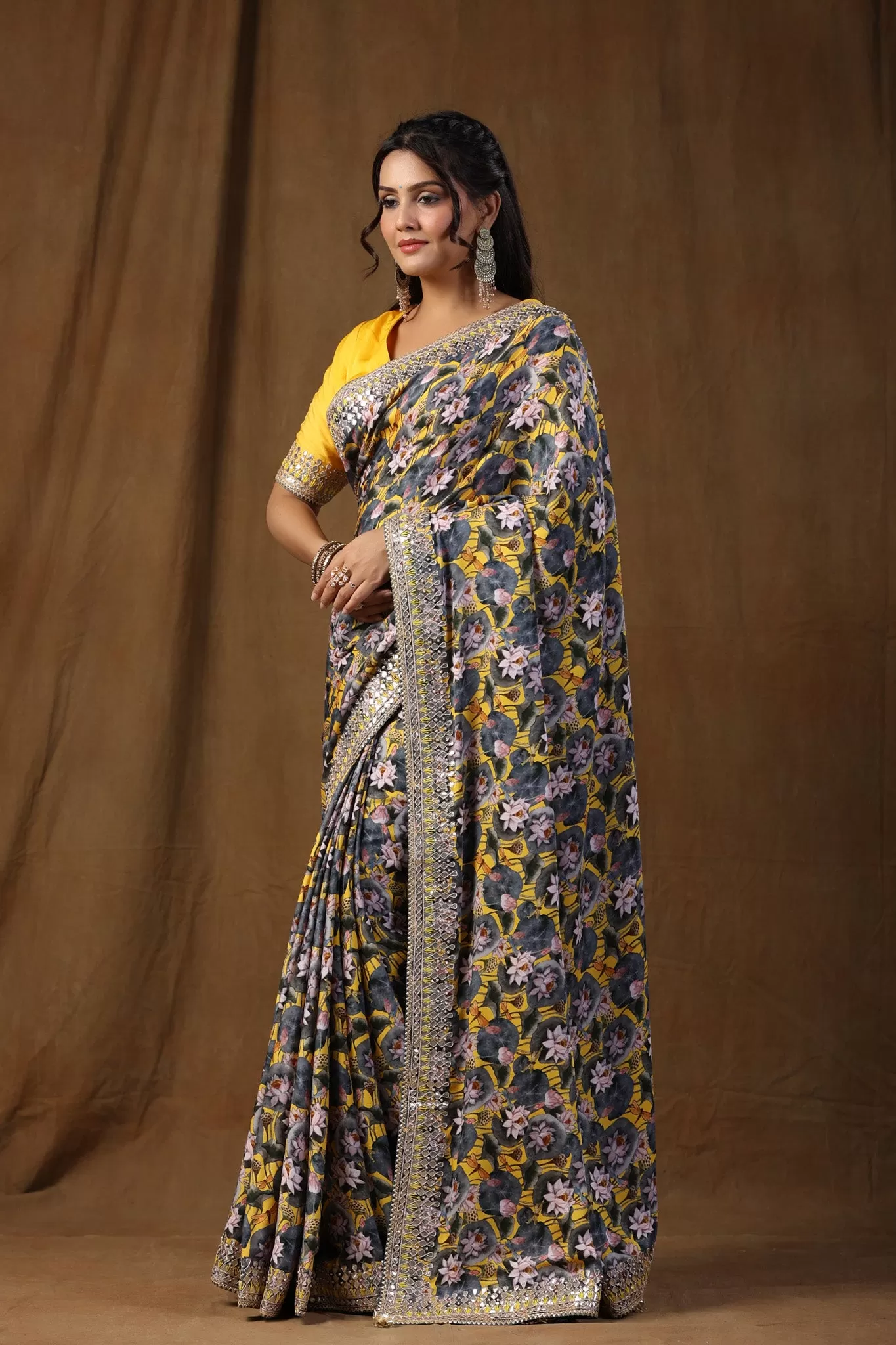 91Z112-NRO Yellow and Grey Floral Print Crepe Saree with Embroidered Border