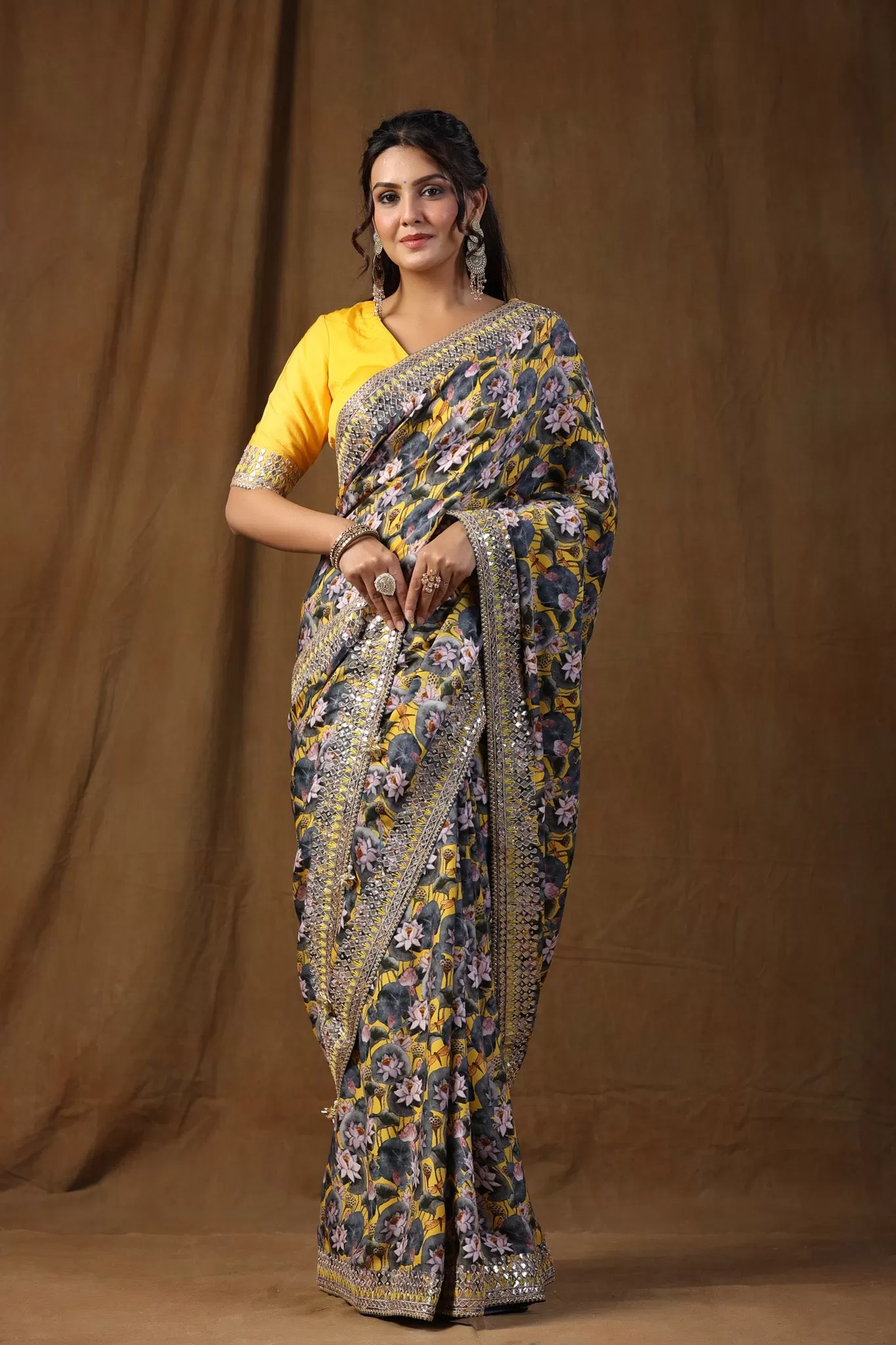 91Z112-NRO Yellow and Grey Floral Print Crepe Saree with Embroidered Border