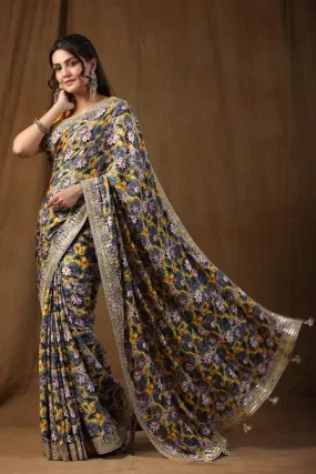 91Z112-NRO Yellow and Grey Floral Print Crepe Saree with Embroidered Border