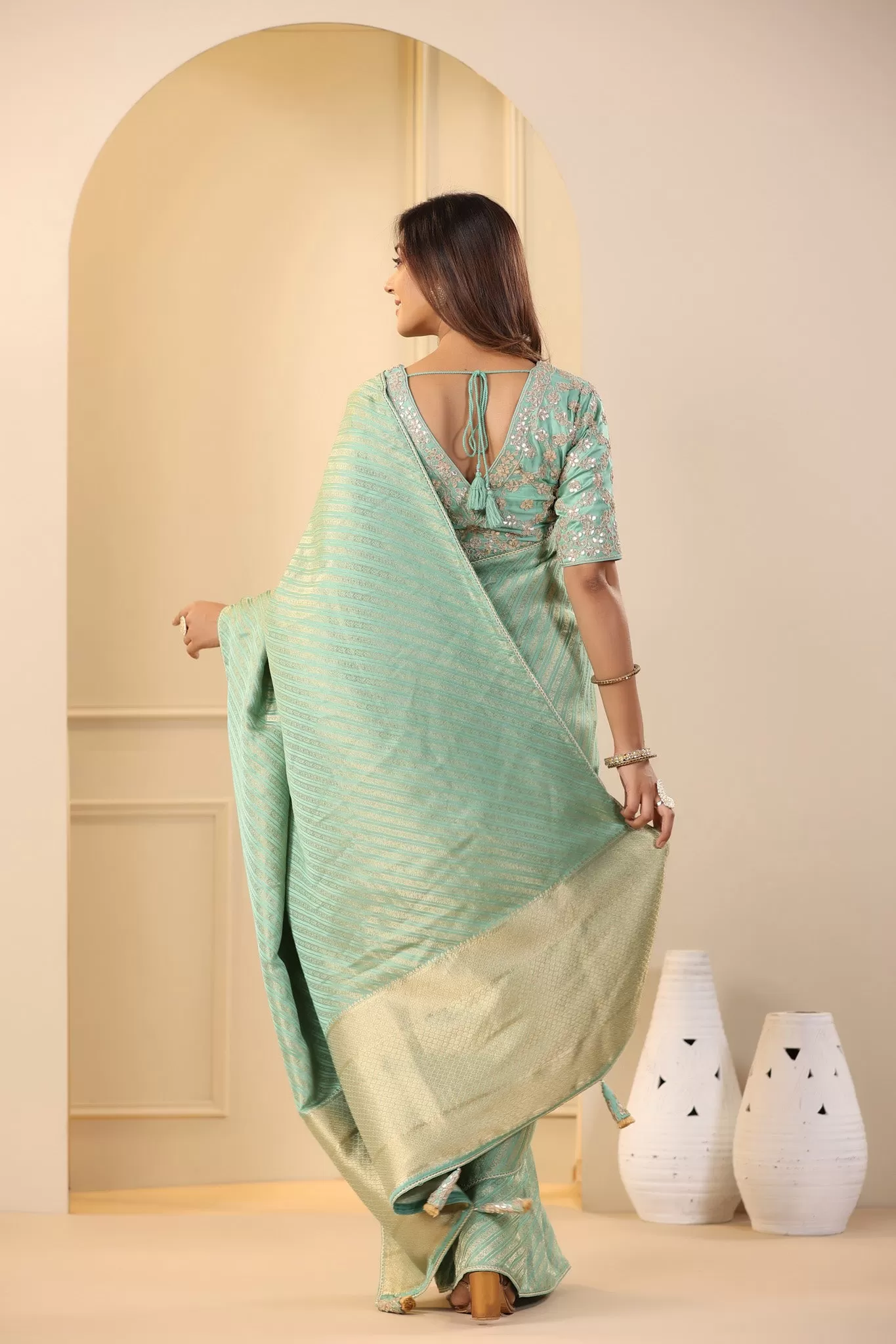 91Z175-RO Pastel Green Silk Saree with Embroidered Saree Blouse