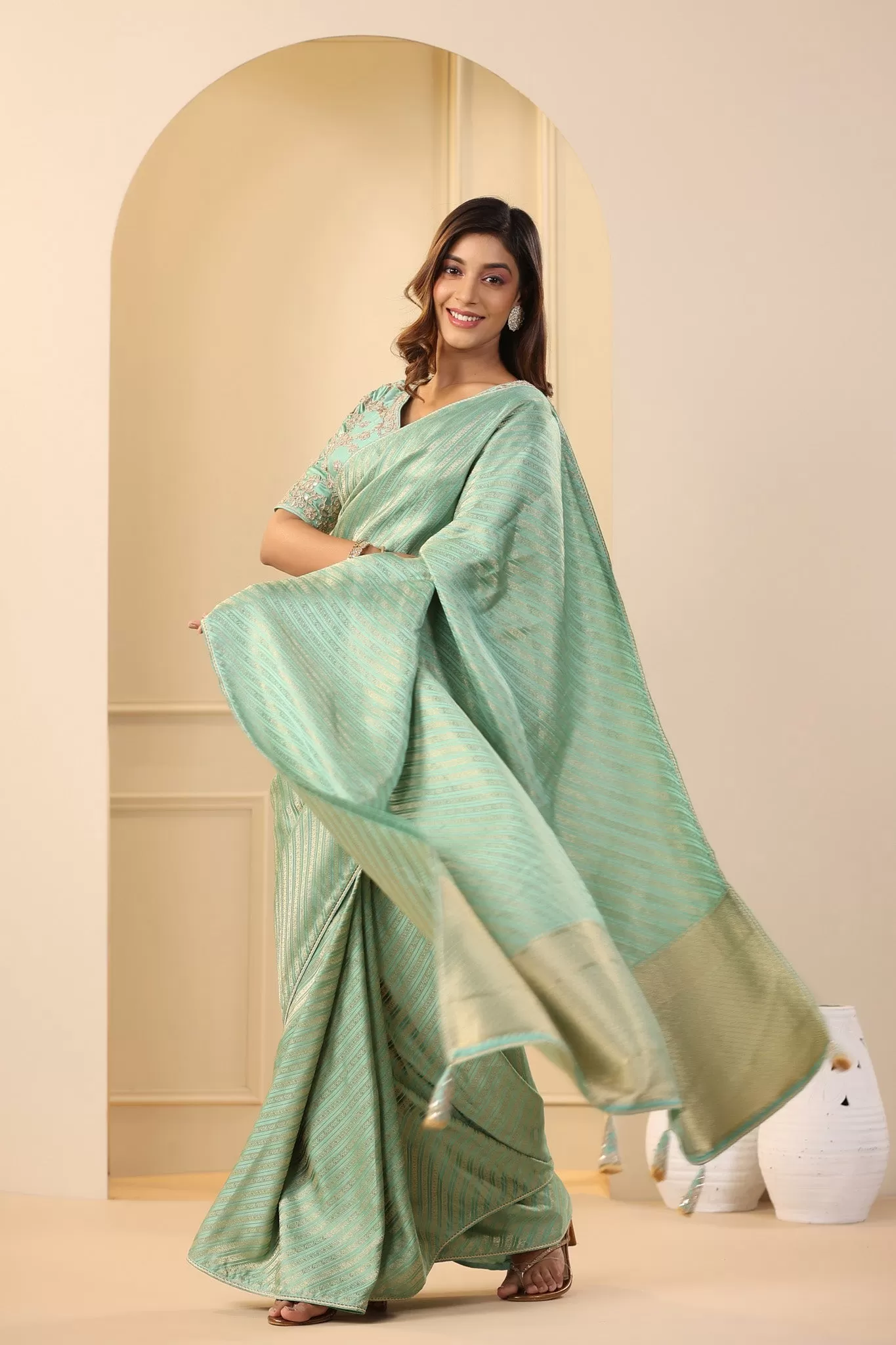 91Z175-RO Pastel Green Silk Saree with Embroidered Saree Blouse