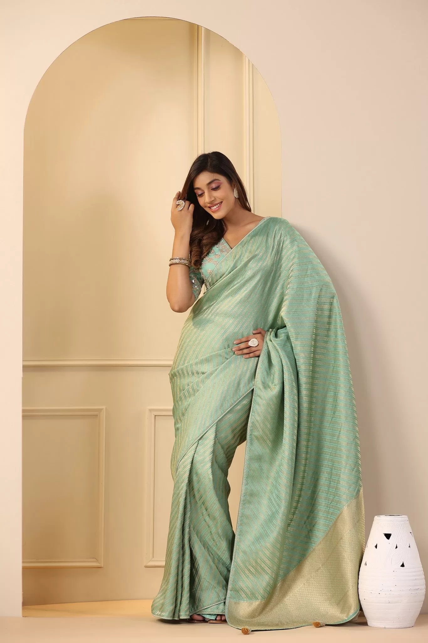 91Z175-RO Pastel Green Silk Saree with Embroidered Saree Blouse