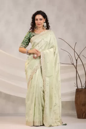 91Z227-RO Pista Green Embroidered Silk Saree with Designer Blouse