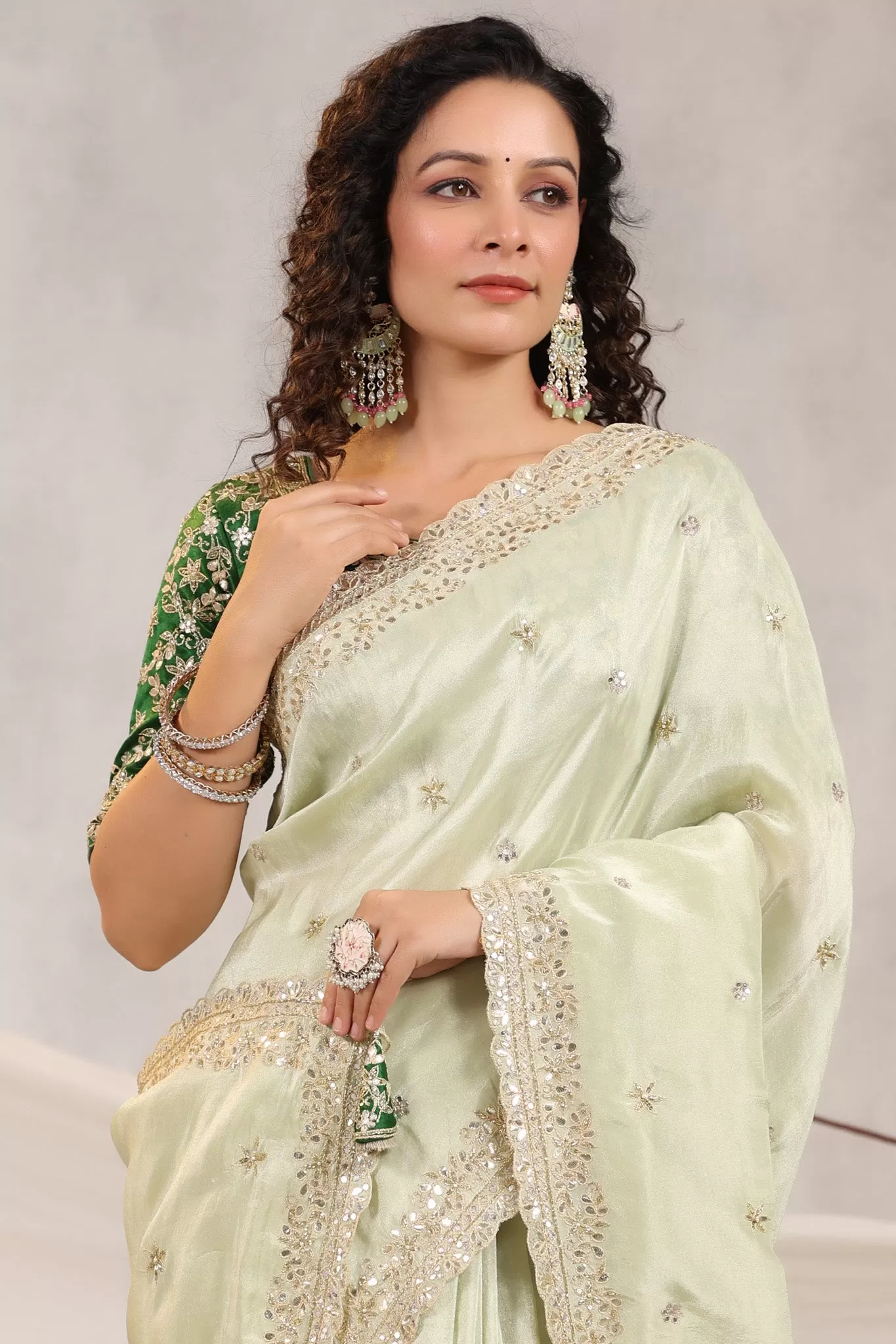 91Z227-RO Pista Green Embroidered Silk Saree with Designer Blouse