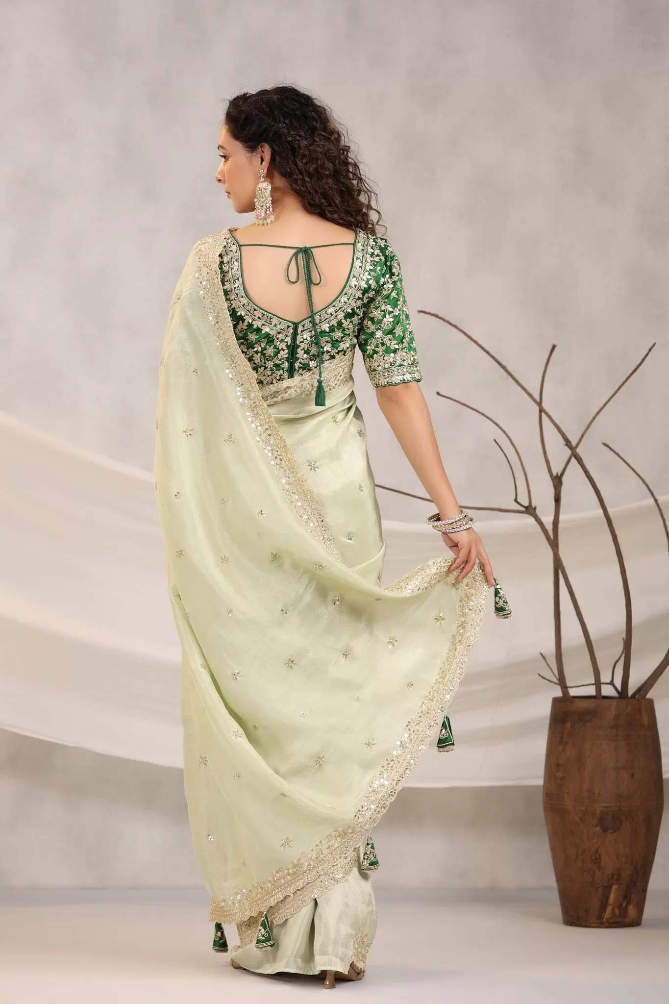 91Z227-RO Pista Green Embroidered Silk Saree with Designer Blouse