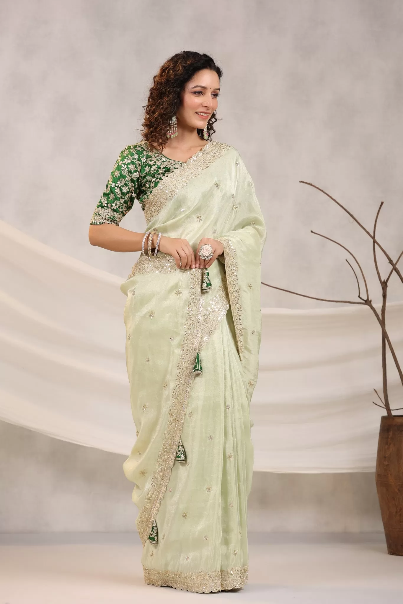 91Z227-RO Pista Green Embroidered Silk Saree with Designer Blouse