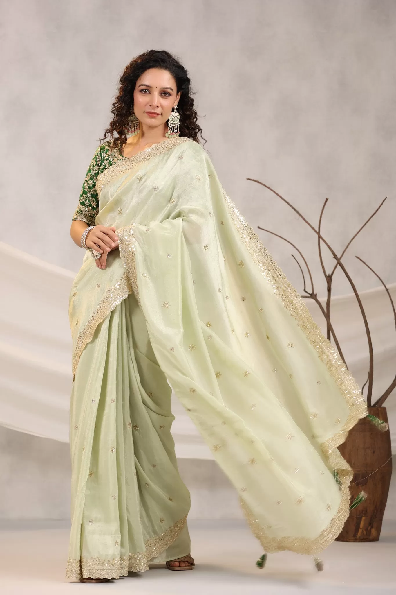 91Z227-RO Pista Green Embroidered Silk Saree with Designer Blouse